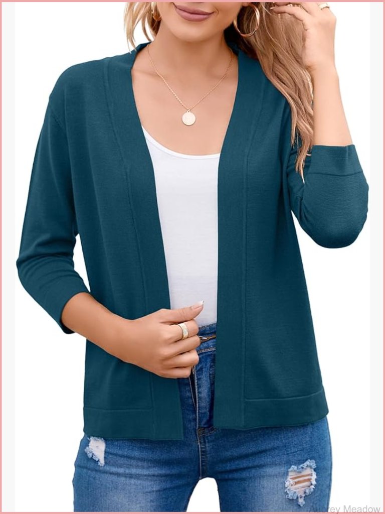 3/4 Sleeve Open Front Cropped Cardigan Sweater Elegant Shrug Layer